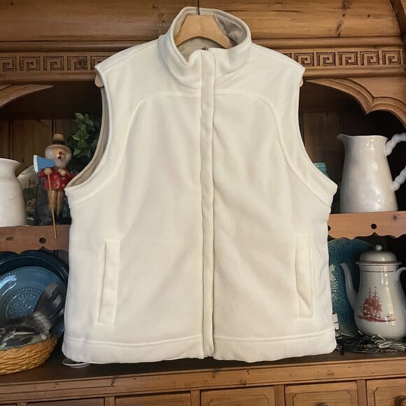 IZOD Reversible Vest Sz XL Womens Horseshoe Applique Ivory Fleece Beige Canvas - Picture 3 of 6
